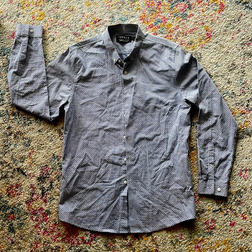 Men's TOPMAN Blue/White Long Sleeve Button Down Dress Shirt Size Large